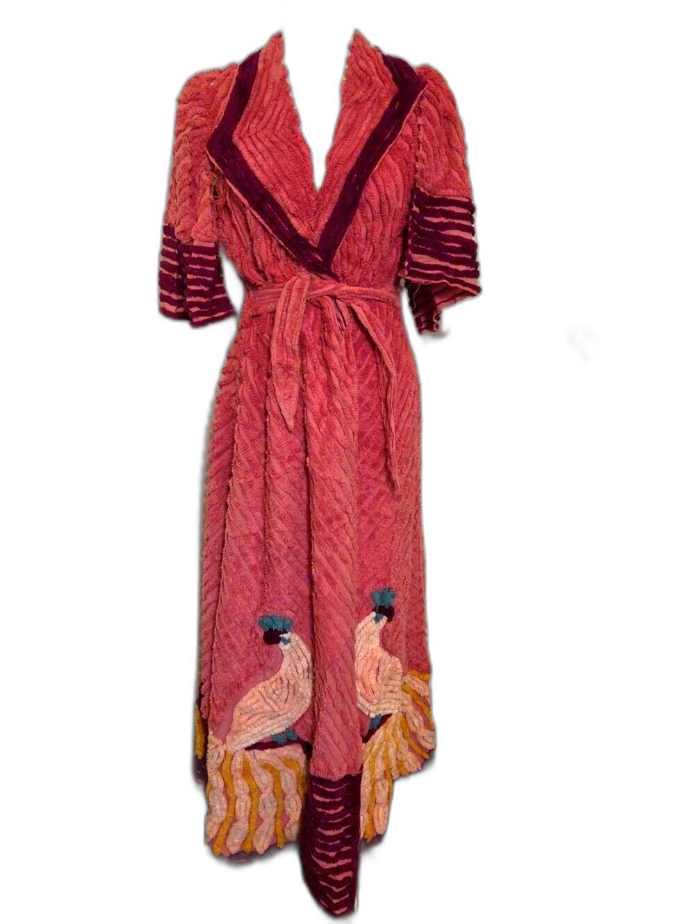 Vintage 40s Chenille Plush Pink Long Robe with Embroidered Birds